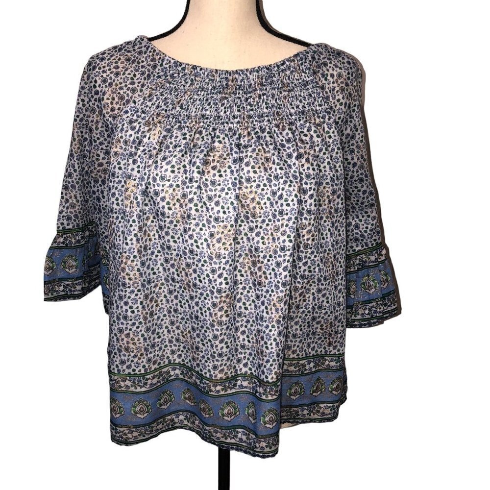 Beach Lunch Lounge Womens Size S Top Smocked Bell Sleeve Blue Print Boho FLAWED